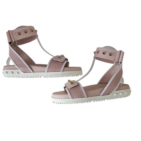 Valentino Garavani Rockstud Flat Ankle Strap Sandal Size 36 US 6 Pink Gold - Picture 6 of 10